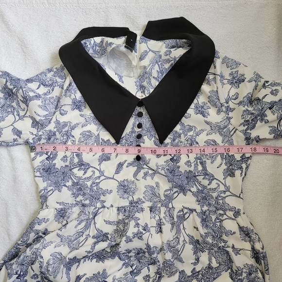 NWT Dazy Blue White Floral Contrast Collar Buttons Puff Sleeve Midi Dress Size L - Picture 10 of 11
